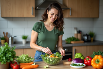 Femme en cuisine préparant une salade colorée avec légumes frais