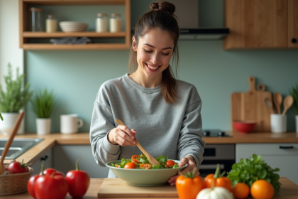 Femme en cuisine préparant une salade colorée