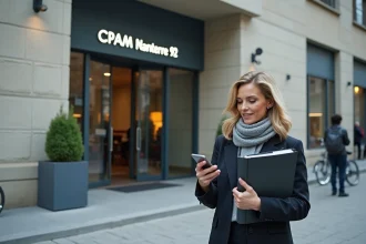 Femme d'âge moyen devant la CPAM Nanterre 92 vérifiant son smartphone