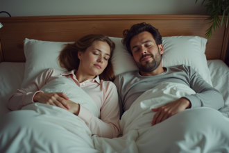 Femme en pyjama allongée dans son lit avec son partenaire endormi