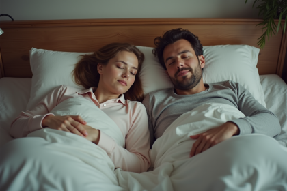 Femme en pyjama allong&eacute;e dans son lit avec son partenaire endormi