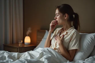 Femme adulte assise dans son lit la nuit avec une quinte de toux, verre d'eau sur la table de chevet