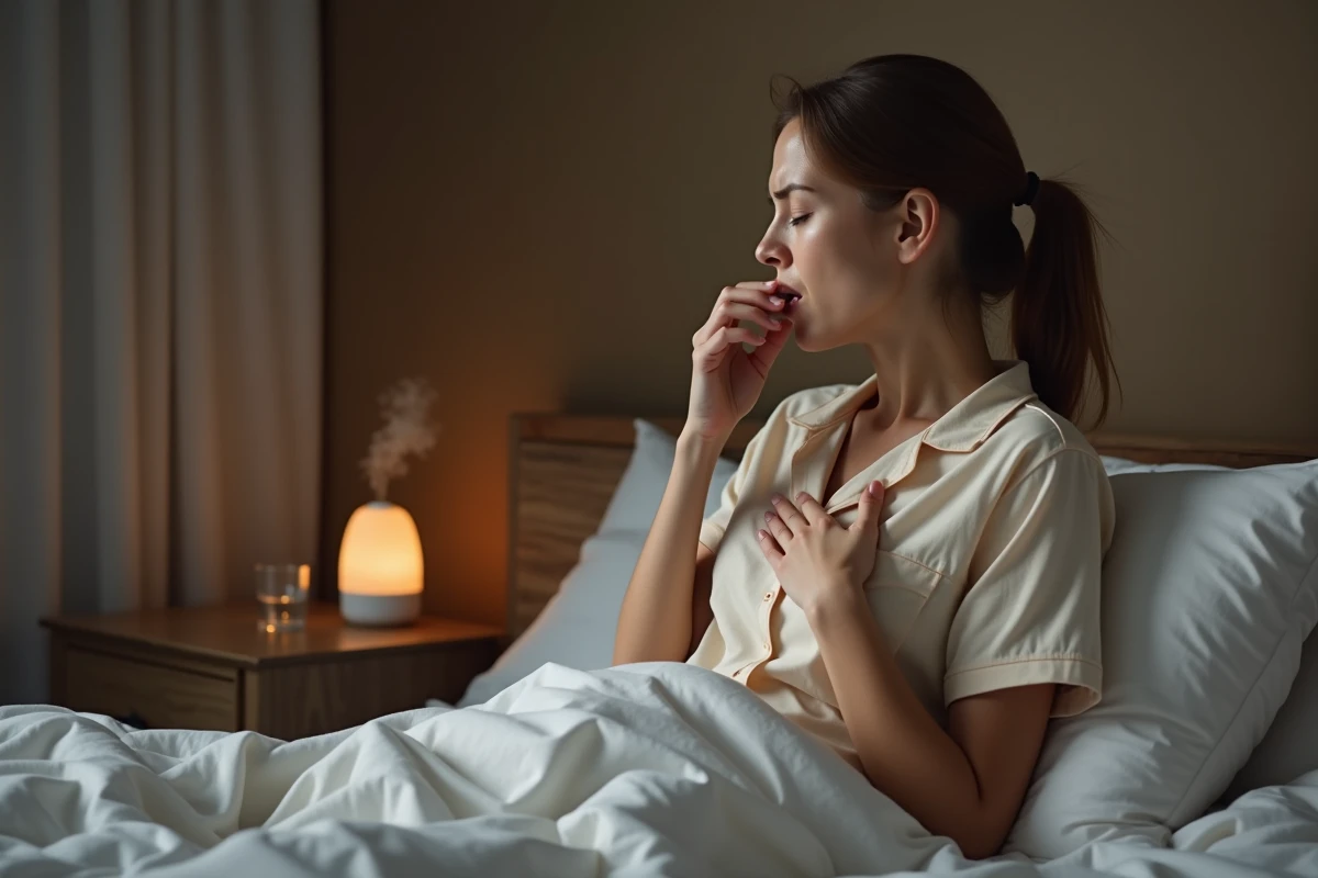 Femme adulte assise dans son lit la nuit avec une quinte de toux, verre d'eau sur la table de chevet