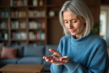 Femme d'&acirc;ge moyen regardant une fourmi sur sa main