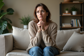 Femme d'âge moyen assise seule sur un canapé de salon