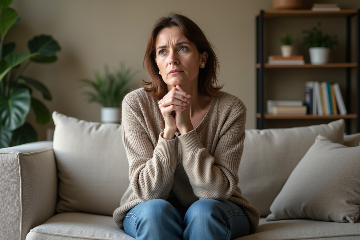 Femme d'âge moyen assise seule sur un canapé de salon