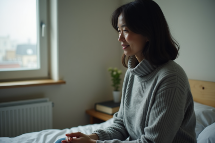 Femme d'âge moyen assise sur le lit dans une chambre modeste