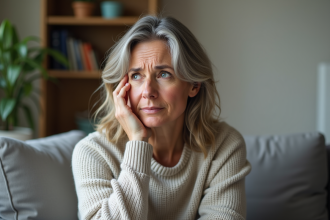 Femme d'âge moyen pensant dans un salon cosy