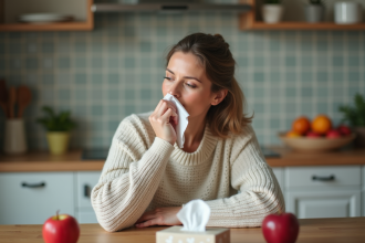 Femme assise à la cuisine se mouchant avec un tissu