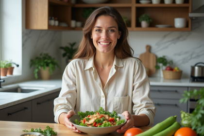 Femme souriante préparant une salade dans une cuisine moderne