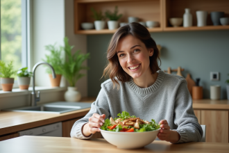 Femme dégustant une salade colorée dans la cuisine moderne