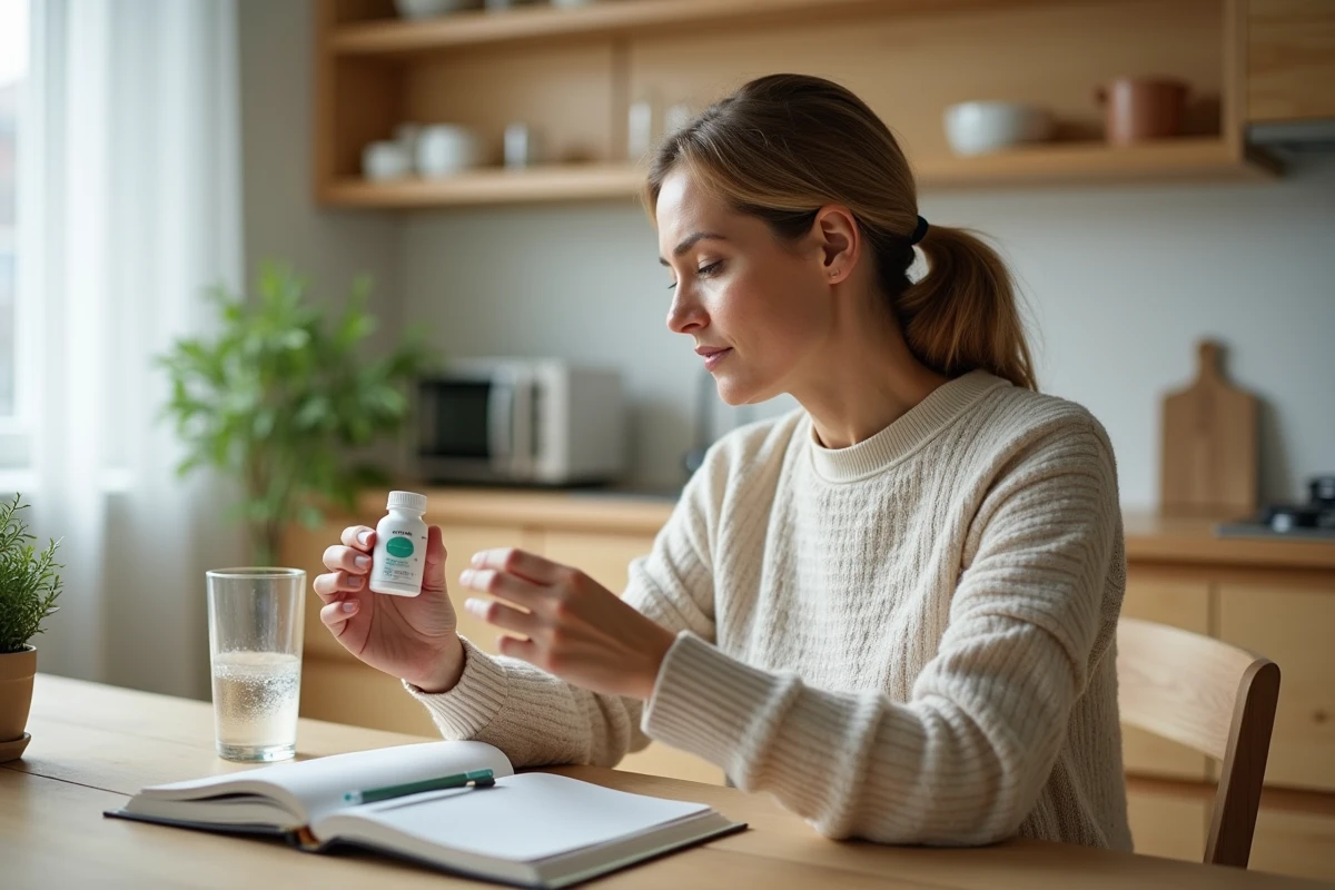 Femme examinant une bouteille de postbiotique dans la cuisine