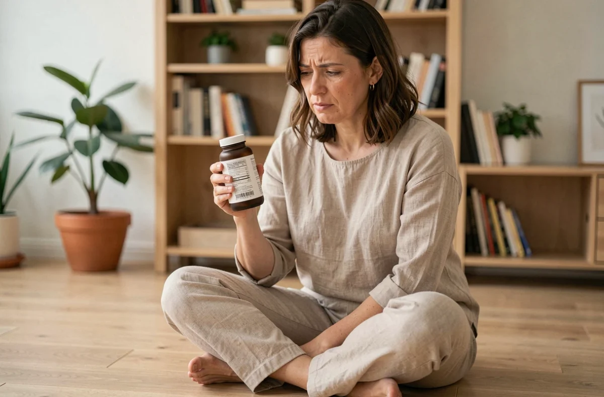 Femme de 40 ans examinant avec scepticisme un complément alimentaire bien-être dans un salon minimaliste en bois