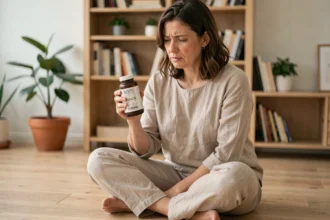 Femme de 40 ans examinant avec scepticisme un complément alimentaire bien-être dans un salon minimaliste en bois