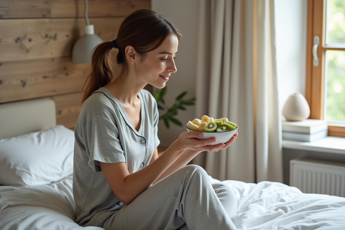 Femme en pyjama gris clair préparant un snack de fruits
