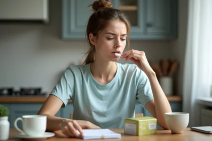 Jeune femme en soin visage avec coton dans la cuisine