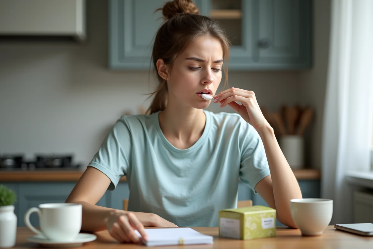Jeune femme en soin visage avec coton dans la cuisine