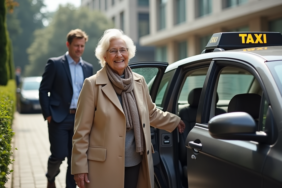 Femme souriante sortant d’un taxi devant un hôpital