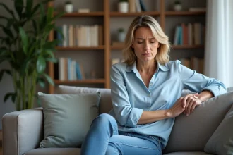 Femme d'environ 40 ans se massant le bras dans un salon