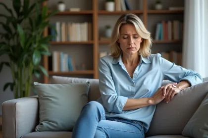 Femme d'environ 40 ans se massant le bras dans un salon