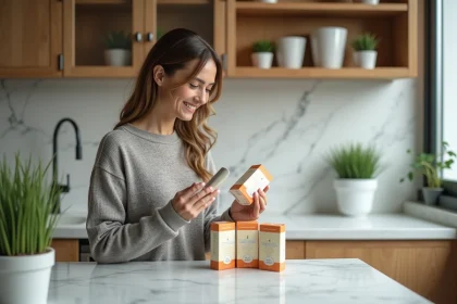 Femme souriante compare deux boîtes de compléments alimentaires