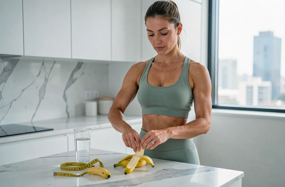 Femme sportive préparant une banane dans une cuisine moderne dans le cadre d'un régime minceur ventre plat