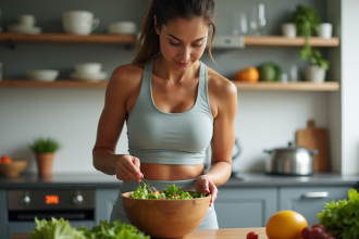 Femme sportive préparant une salade dans la cuisine
