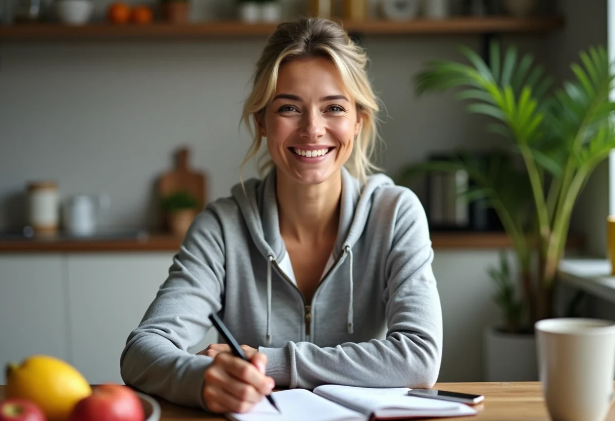 Femme sportive souriante dans sa cuisine moderne