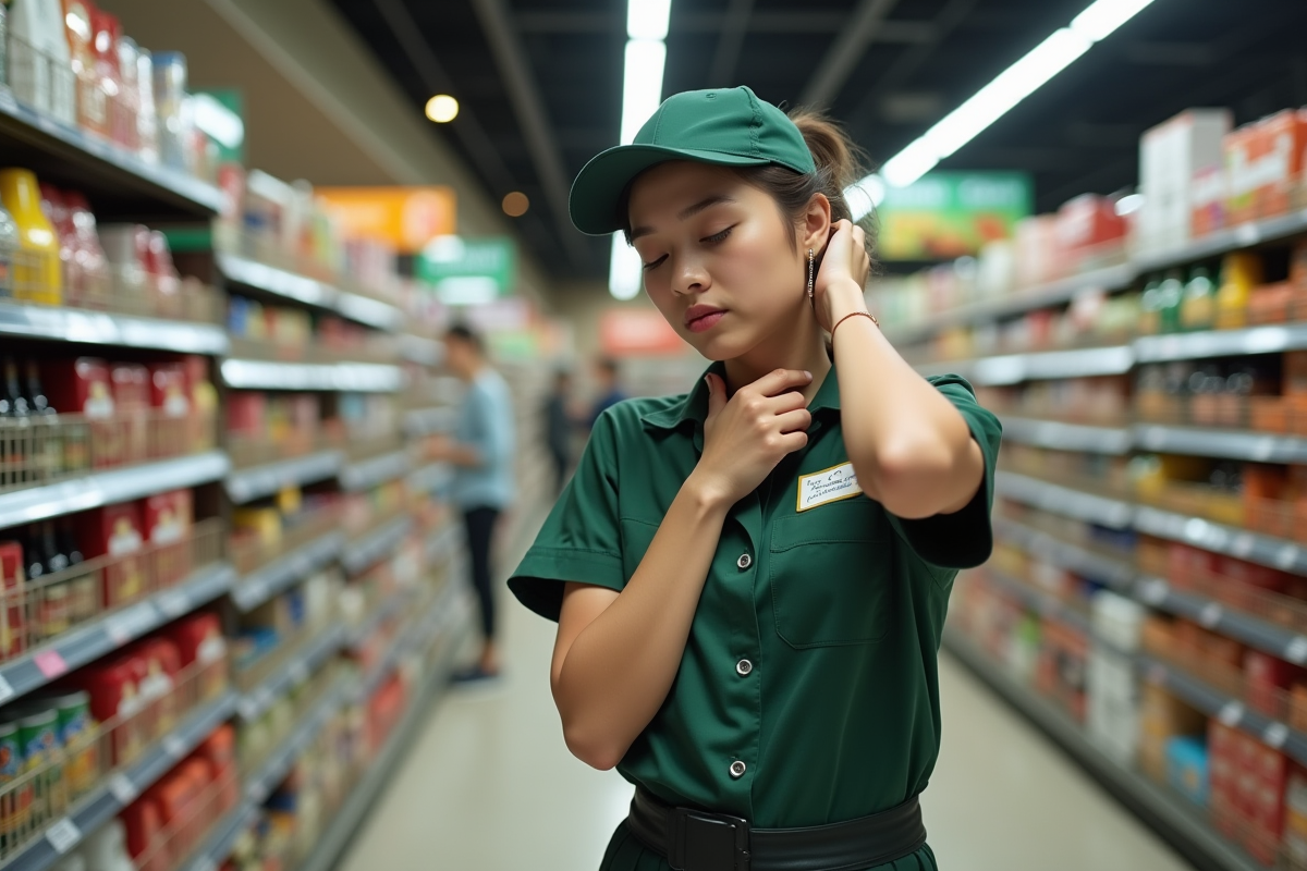 Jeune femme en supermarché se massant le cou