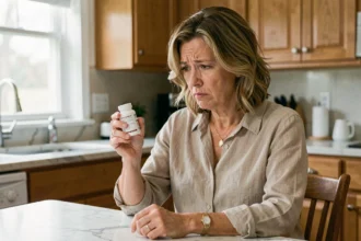 Femme d'âge mûr lisant l'étiquette d'un complément alimentaire Cardio Balance avec une expression sceptique dans une cuisine