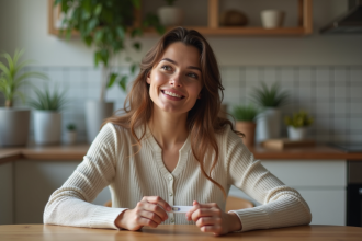 Femme tenant un test de grossesse dans la cuisine