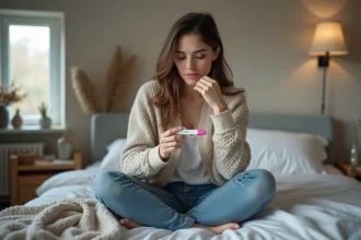 Femme pensant avec test de grossesse négatif dans un chambre cosy