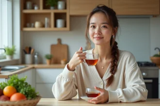 Femme en tenue confortable buvant une tisane dans une cuisine lumineuse