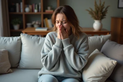 Femme de 40 ans toussant dans un salon cosy