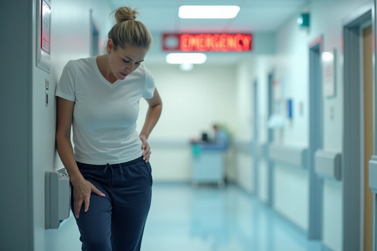Femme aux urgences de l'hôpital souffrant de douleurs dans les jambes liées à l'artériopathie