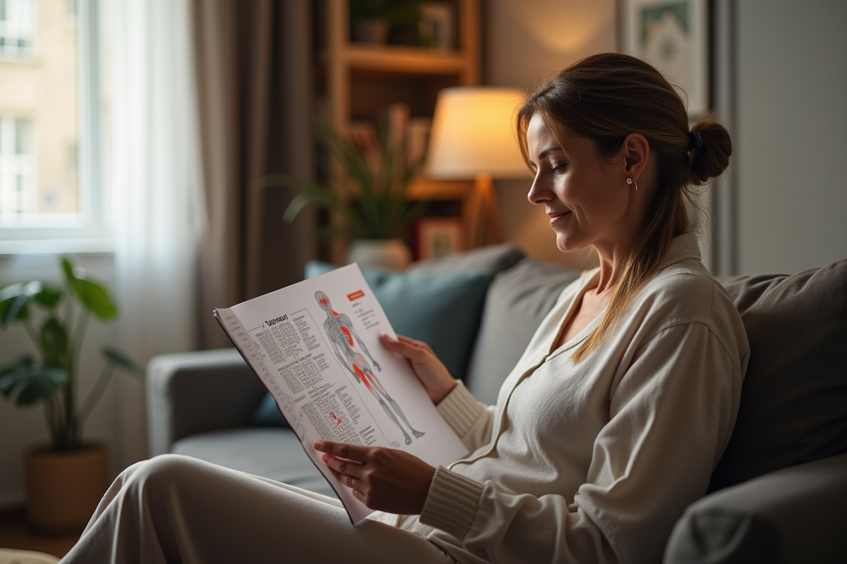 Femme assise dans un salon utilisant une carte du corps