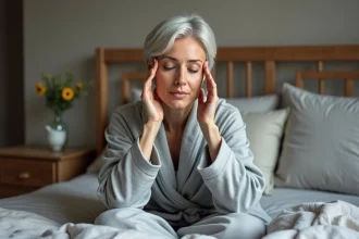 Femme d'une cinquantaine d'années assise sur son lit, les doigts sur les tempes, exprimant les vertiges liés à la maladie de Ménière