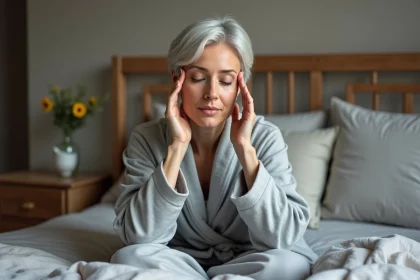 Femme d'une cinquantaine d'années assise sur son lit, les doigts sur les tempes, exprimant les vertiges liés à la maladie de Ménière