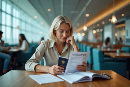 Femme voyageuse examine son passeport et documents médicaux
