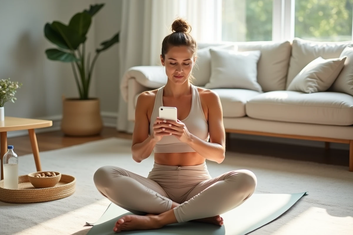 Femme lisant un article de blog santé sur son smartphone installée sur un tapis de yoga dans un salon lumineux et naturel