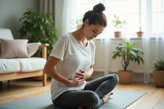 Femme en yoga dans un salon cosy pour relaxation
