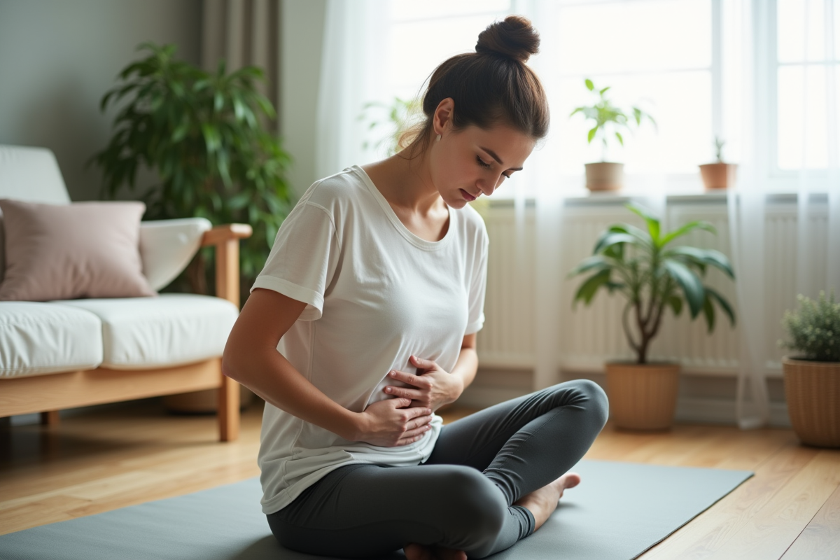 Femme en yoga dans un salon cosy pour relaxation