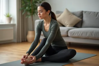 Femme en yoga en intérieur en train de s'étirer