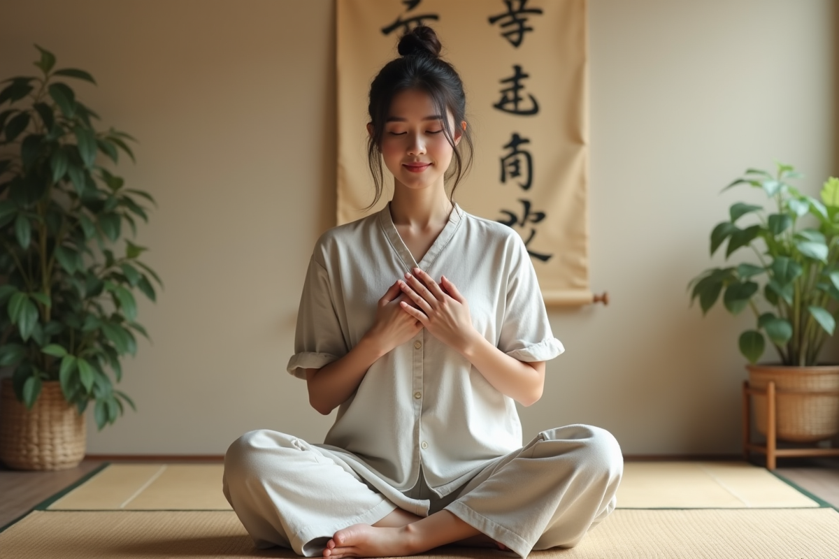 Femme méditant en intérieur dans un style zen