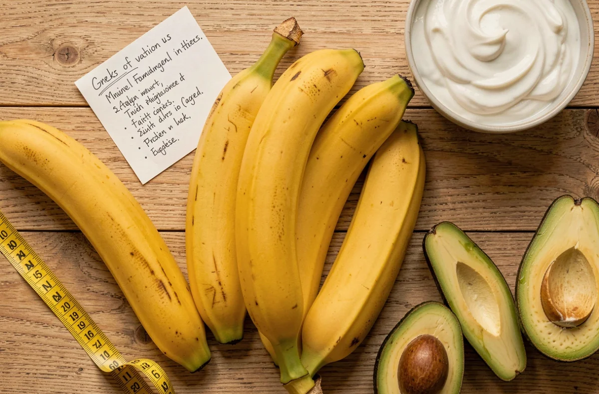 Flat lay de bananes à différents stades de maturité avec des aliments sains et des notes nutritionnelles sur la perte de graisse abdominale