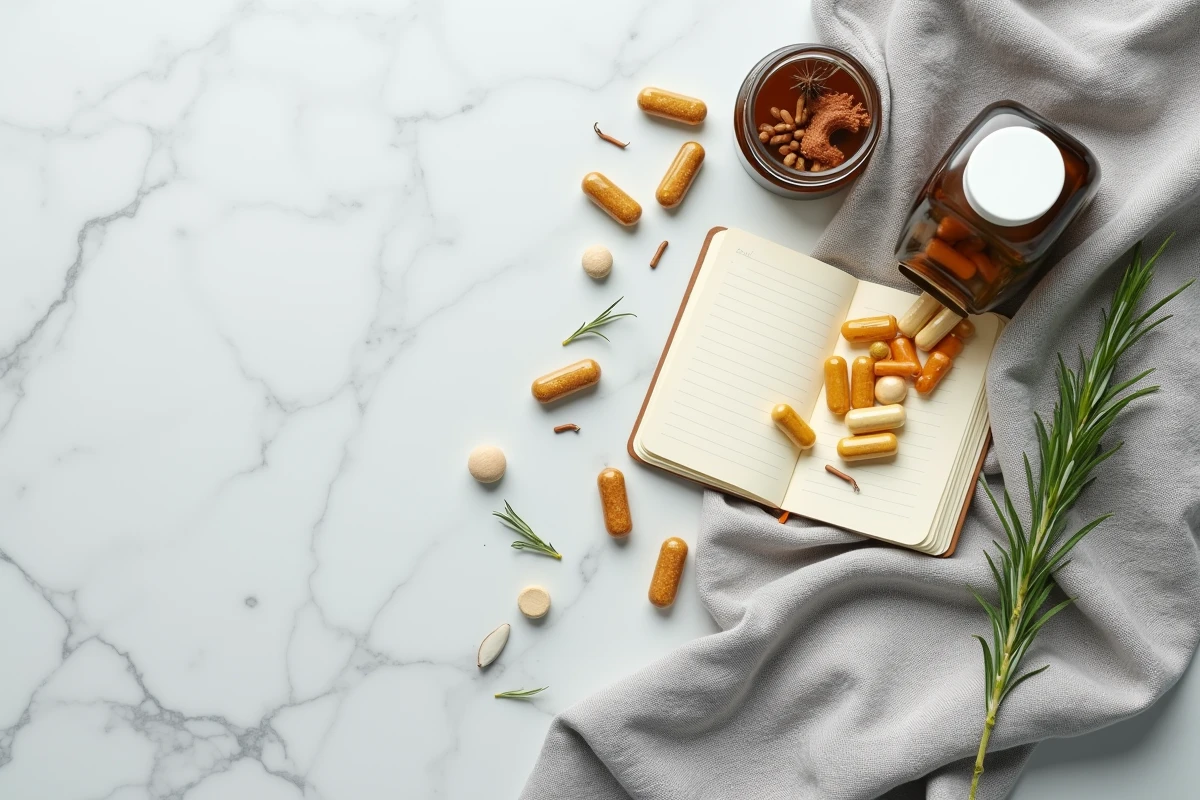 Vue aérienne de compléments phytosanitaires et plantes médicinales sur fond de lin gris