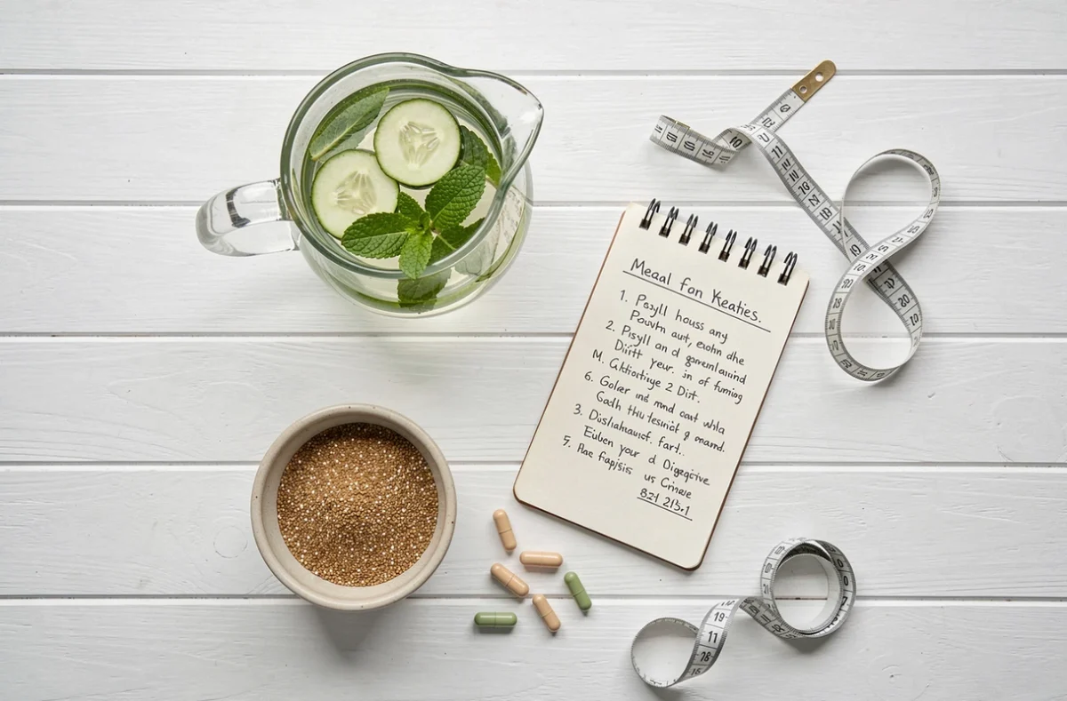 Flat-lay de produits de santé digestive incluant eau infusée, psyllium et plan alimentaire, illustrant la préparation d'une purge intestinale avant un régime