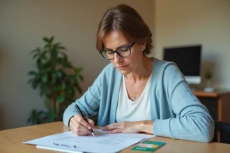 Femme remplissant un formulaire de demande de carte Vitale dans un bureau administratif français