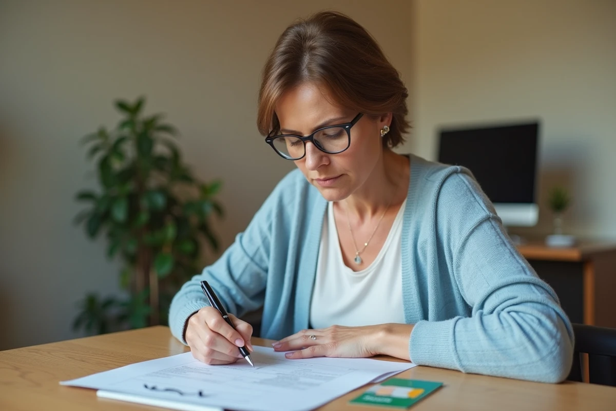 Femme remplissant un formulaire de demande de carte Vitale dans un bureau administratif français