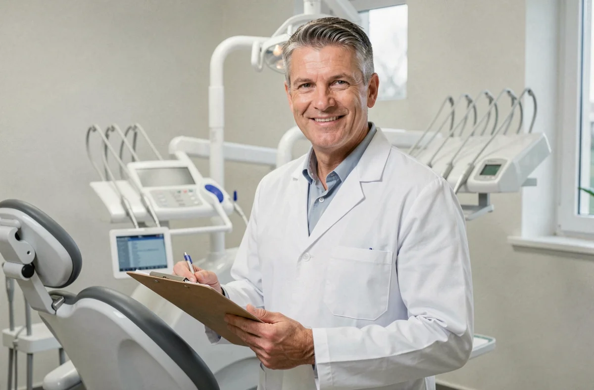 Orthodontiste homme souriant avec clipboard dans son cabinet orthodontique à Vannes